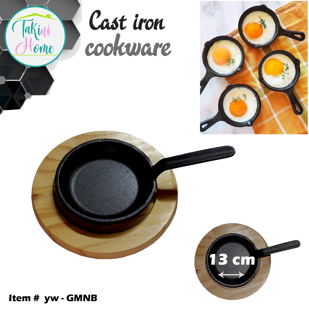 cast iron frypan side handle 13cm with wooden base